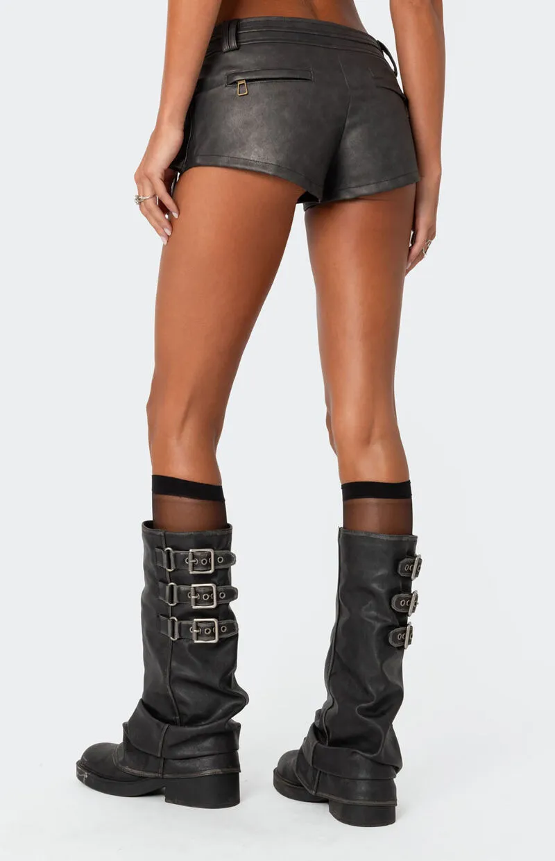 Edikted Washed Faux Leather Micro Cargo Shorts