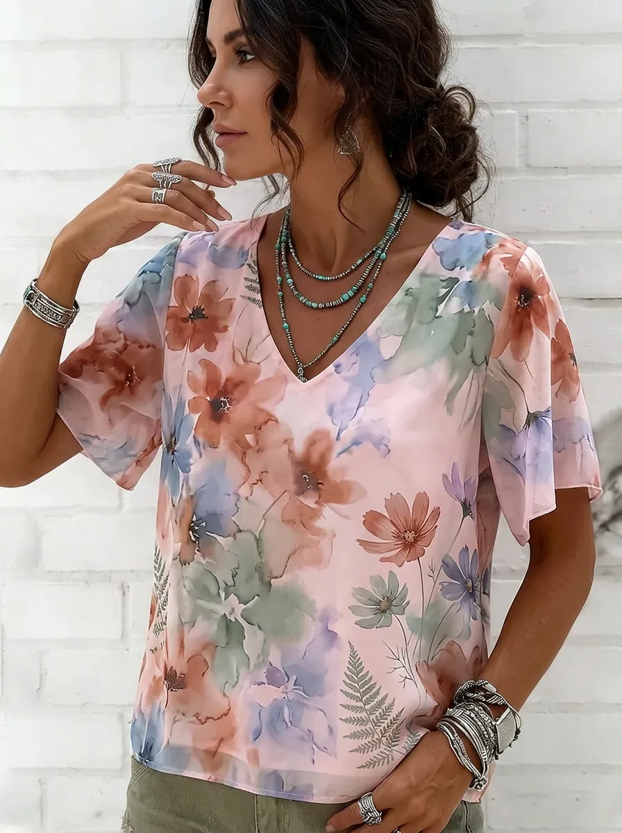 Women's Nashville Floral Watercolor Printed V-neck Top