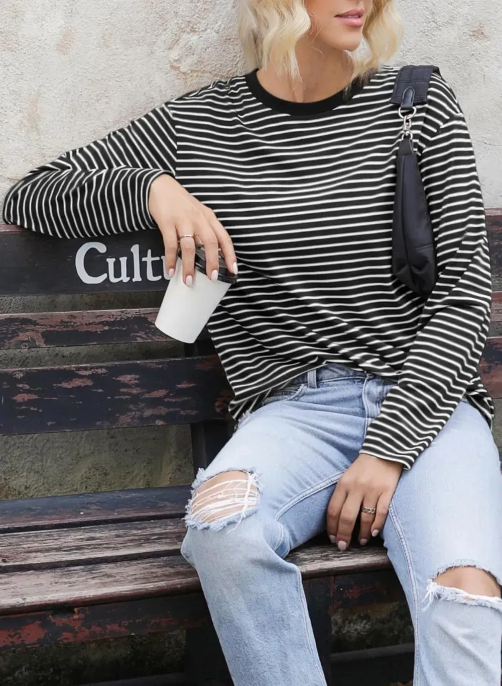 Dokotoo Women's Casual Striped Long Sleeve Tops Crew Neck Knit Ribbed Basic T Shirts