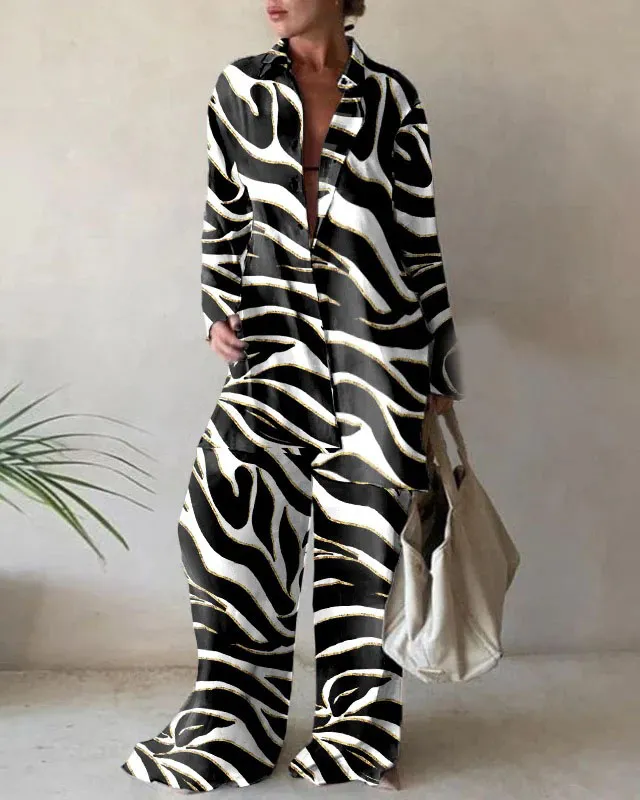 Fashion Print Loose Long Sleeve Shirt + Straight Pants Two Piece Set