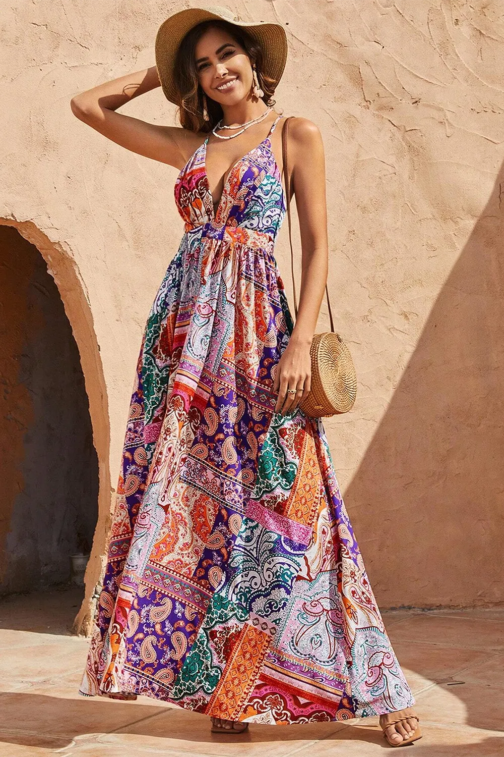 Women's Plant Printed Spaghetti Strap Dress