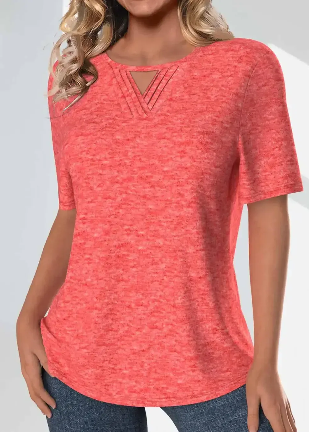 Coral Tuck Stitch Short Sleeve Round Neck T Shirt
