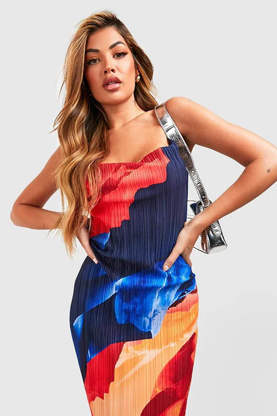 Cowl Neck Abstract Plisse Maxi Dress-BLUE