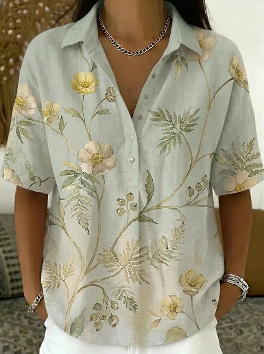 Women's Nashville Floral Botanical Printed V-Neck Shirt