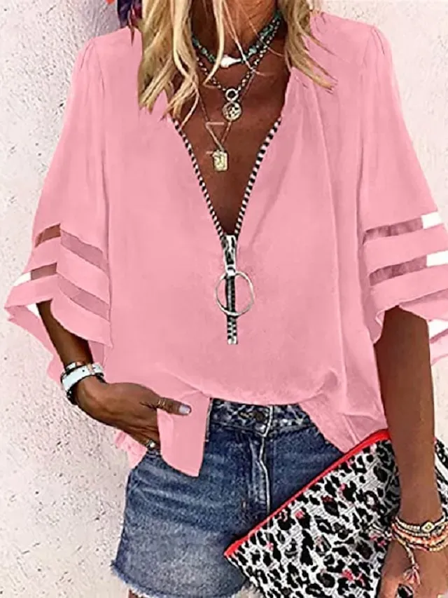 Women's Shirt Blouse Black White Yellow Plain Striped Zipper 3/4 Length Sleeve Daily Holiday Basic Business Casual V Neck S