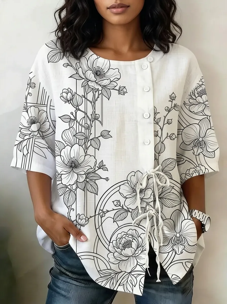 Women's Nashville Floral Art Line Drawing Printed Button-Up Top