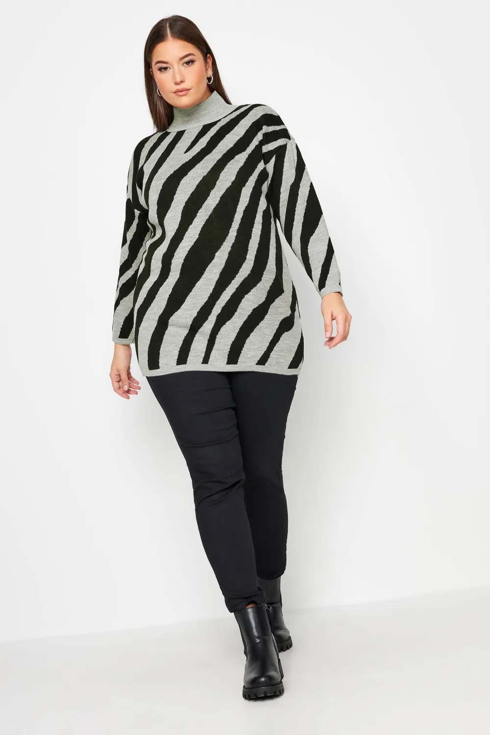 YOURS Curve Beige Brown Zebra Print Turtle Neck Jumper