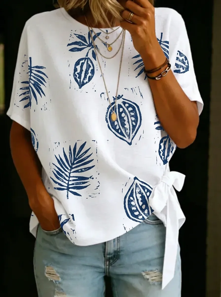 Women's Nashville Tropical Leaf Botanical Printed Tie-Side T-shirt