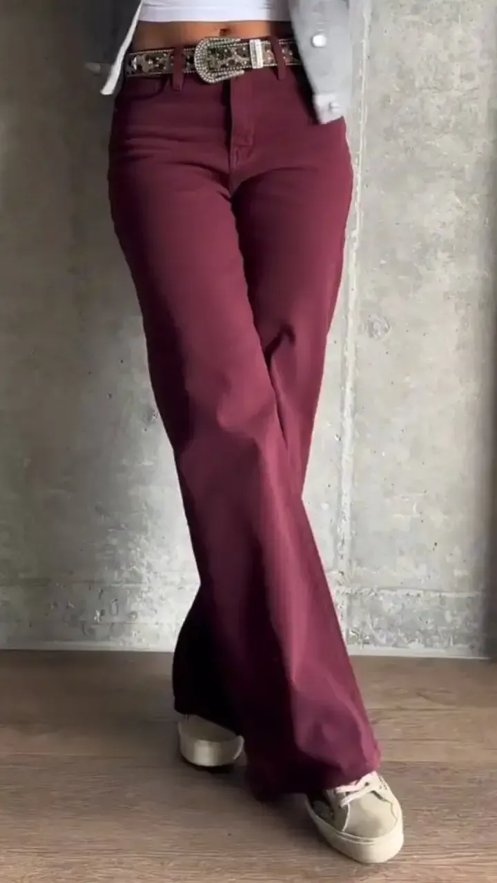 Women's Casual Wide Solid Color Straight Jeans