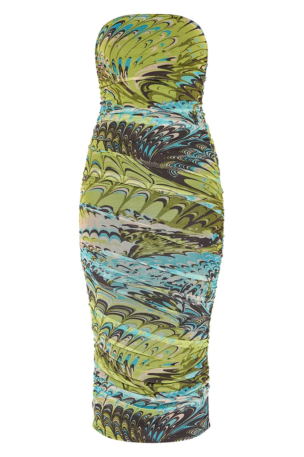Green Printed Mesh Bandeau Ruched Midaxi Dress