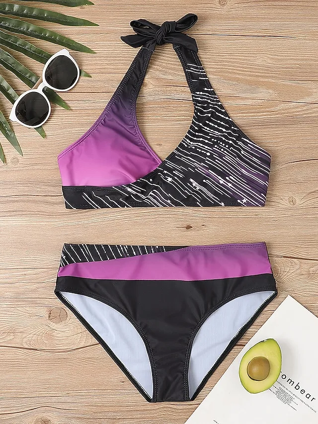 Women's Swimwear Bikini Plus Size Swimsuit 2 Piece Stripe Striped Black Burgundy Blue Lavender Purple Bandeau Bathing Suits Sports Push Up Summer