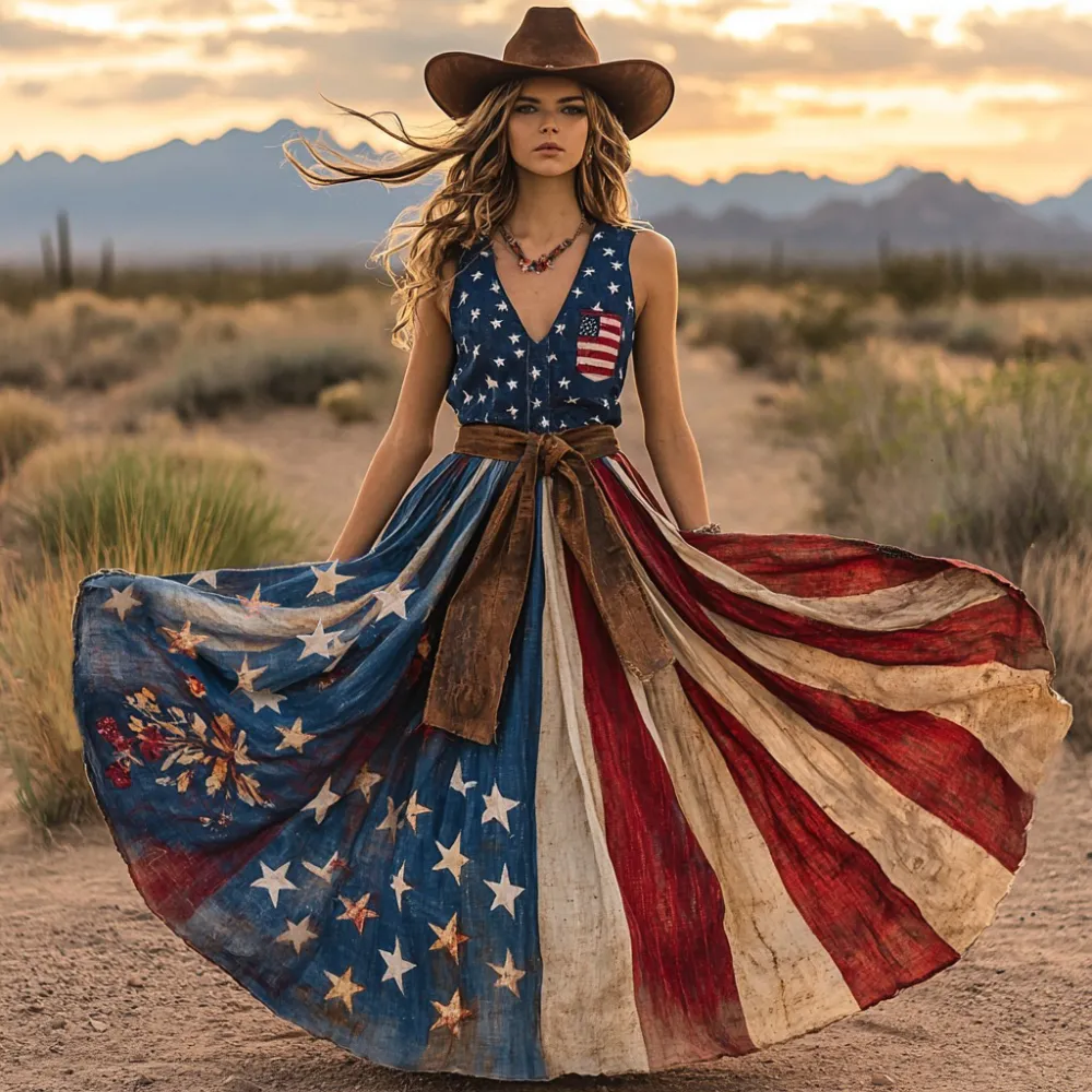 Women's Vintage Independence Day Flag Cowgirl Sleeveless Casual Maxi Dress