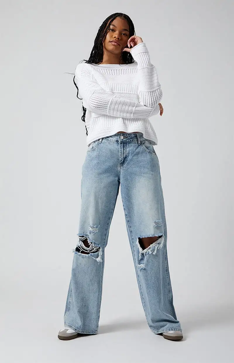 PacSun Casey Ripped Knee Low Rise Baggy Jeans Medium Indigo