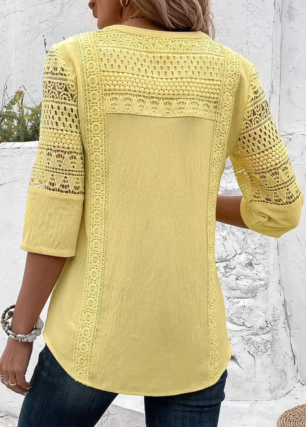 Light Yellow Patchwork 3/4 Sleeve Split Neck Blouse