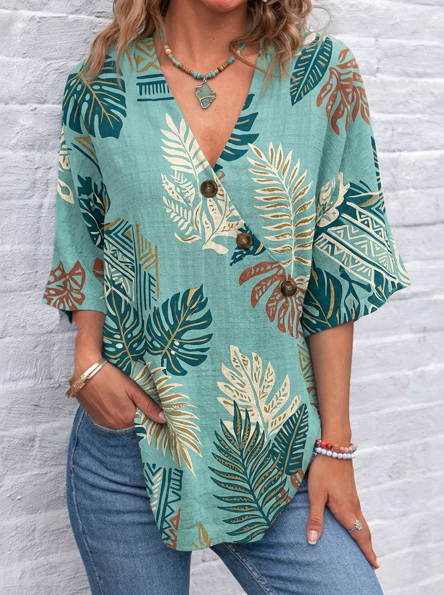 Women's Nashville Tropical Leaf Pattern Printed V-Neck Button Top