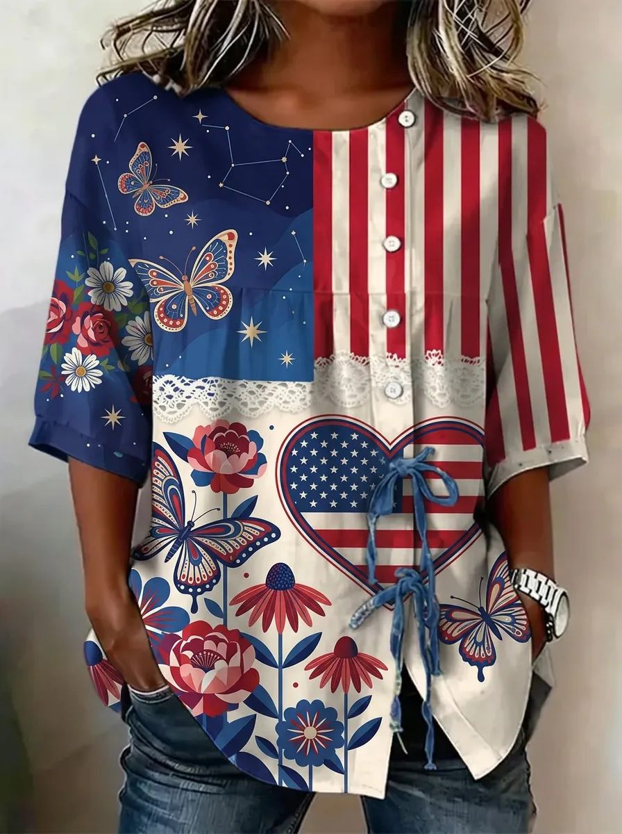 Women's Nashville USA Flag Butterfly Floral Printed Button Shirt