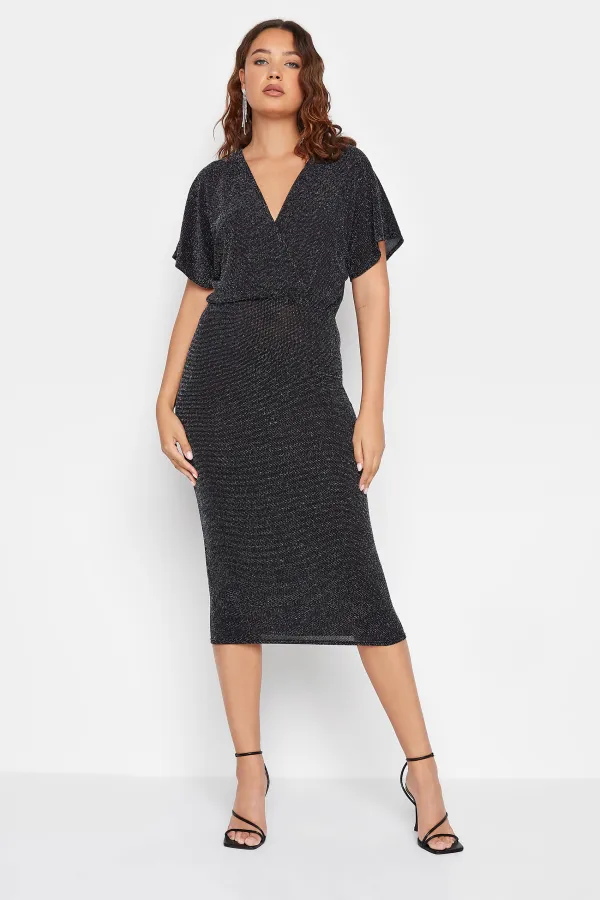 LTS Tall Black & Silver Glitter Midi Wrap Dress