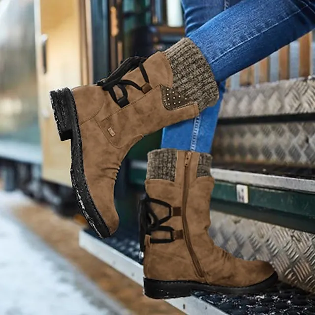 Women's Boots Snow Boots Sweater Boots Plus Size Outdoor Daily Mid Calf Boots Winter Lace-up Flat Heel Round Toe Casual Faux Leather Zipper Black Red Blue