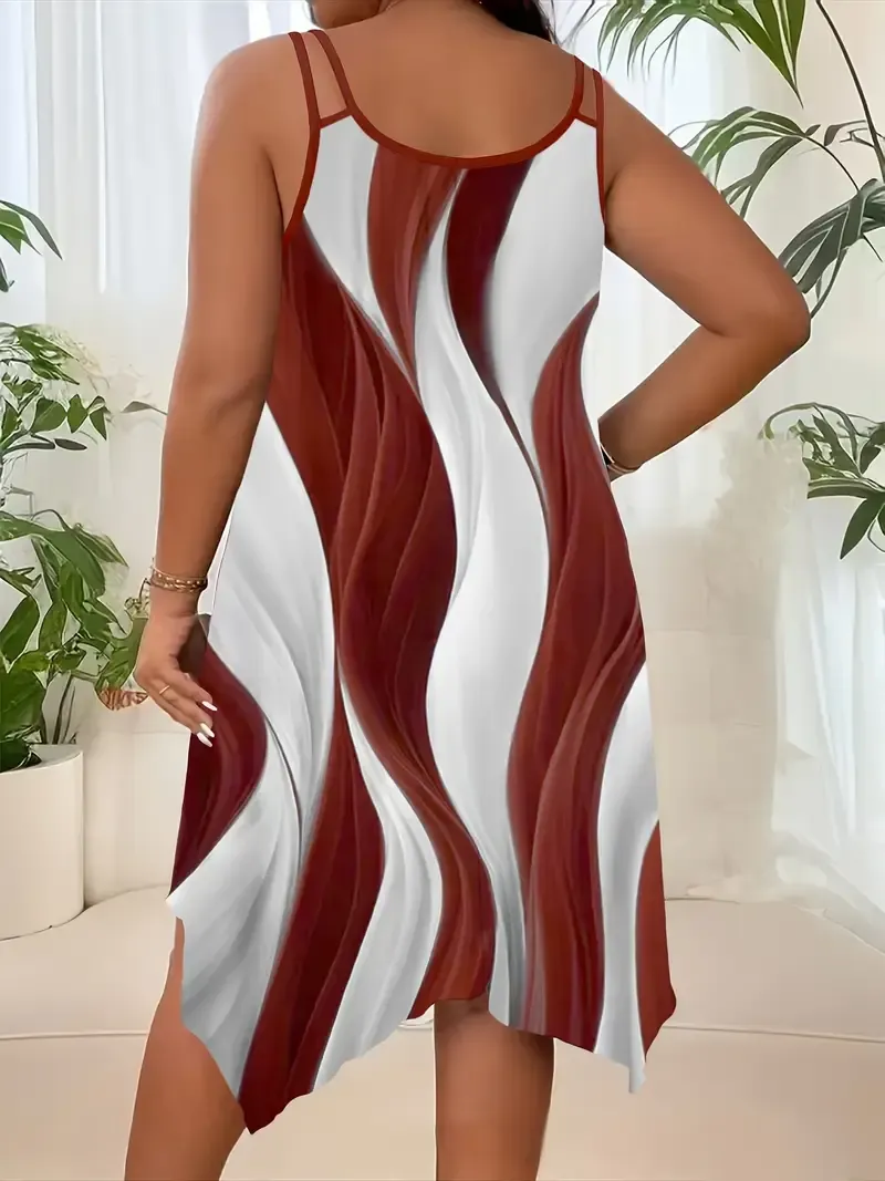 Women's Summer Casual Asymmetrical Hem Dress, Polyester 95% Spandex 5% Knit Fabric, Crew Neck Slingback with Random Print Design