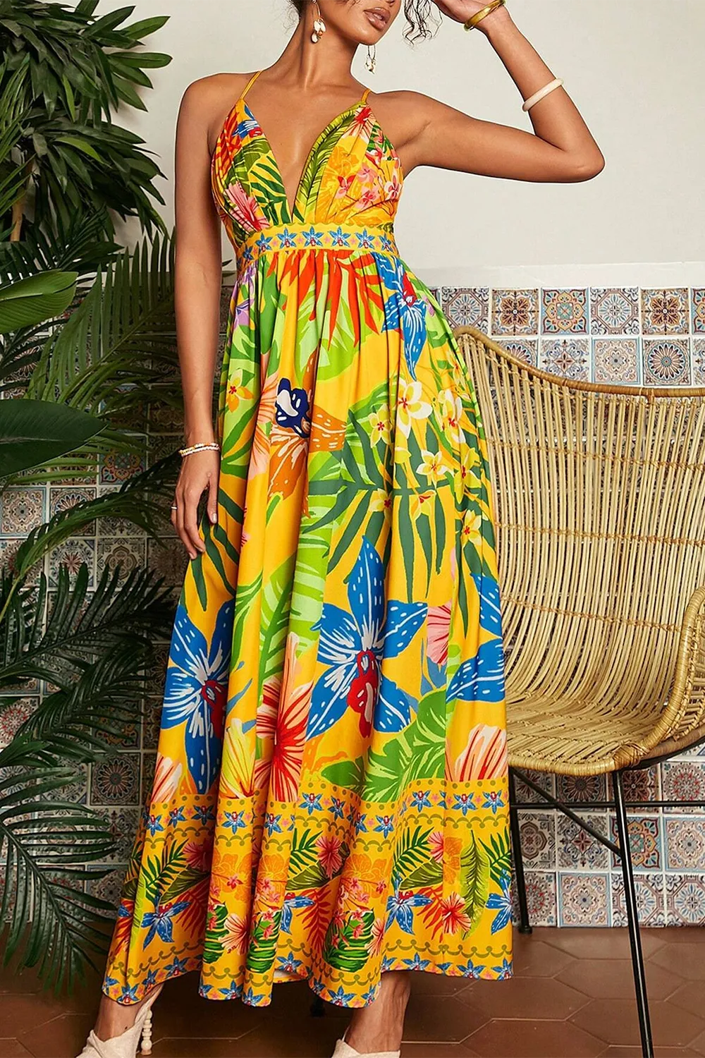 Women's Plant Printed Spaghetti Strap Dress