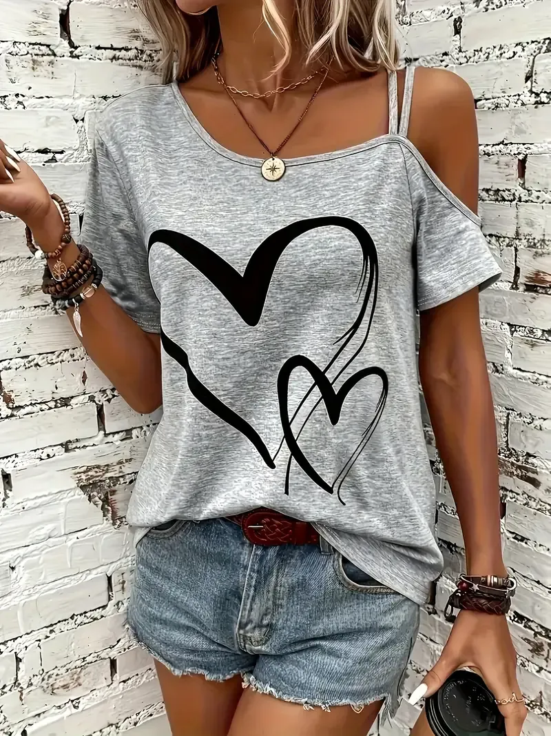 Heart Print Slant Shoulder T-shirt, Casual Short Sleeve Top For Spring & Summer, Women's Clothing