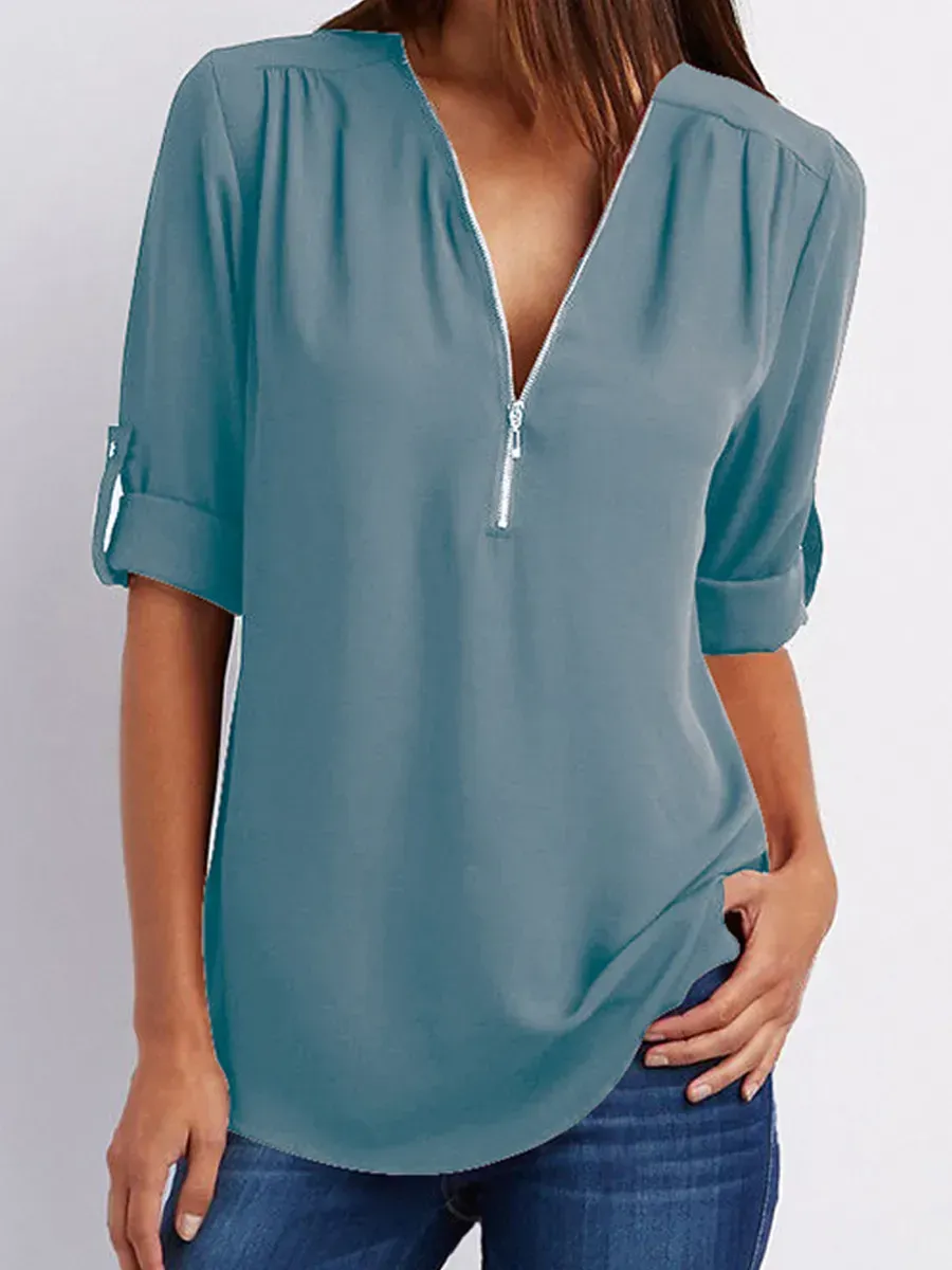 V Neck Zipper Patchwork Plain Blouses