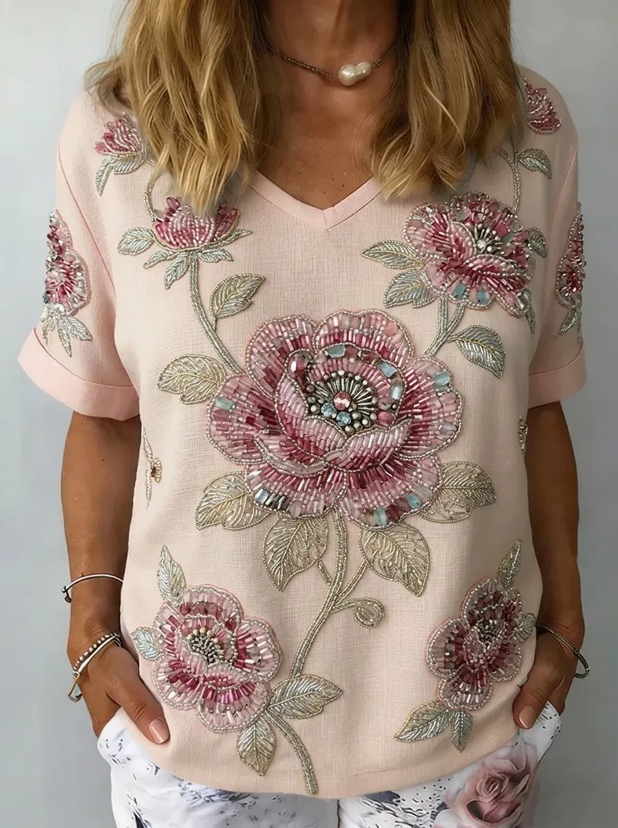 Women's Nashville Floral Beaded Embroidered V-neck T-shirt