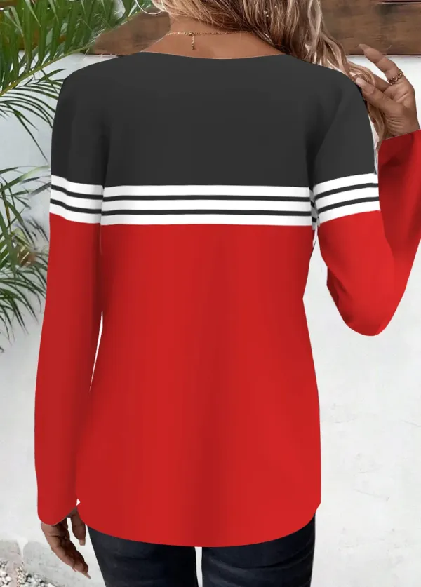 Red Striped Long Sleeve Round Neck T Shirt