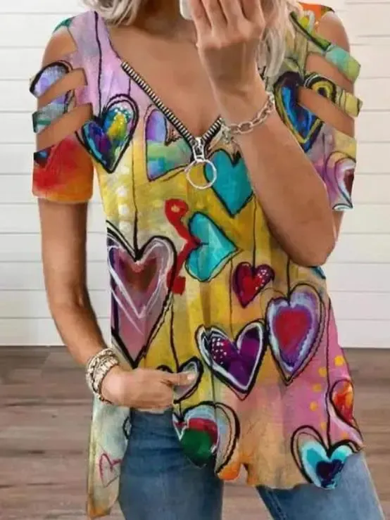 Women Short Sleeve V-neck Floral Printed Geometric Top