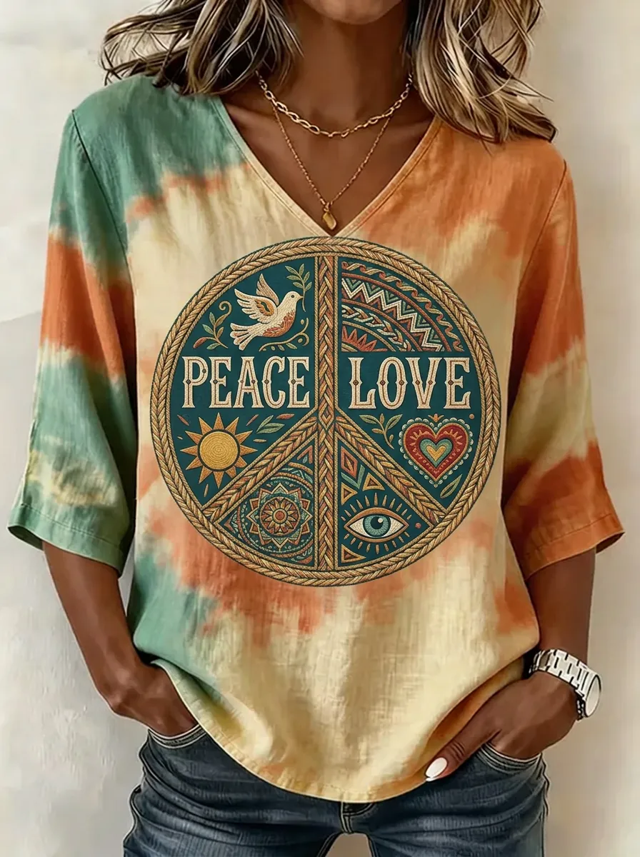 Women's Nashville Peace Love Boho Symbol Printed V-Neck Top