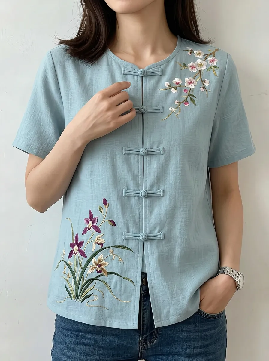 Women's Nashville Floral Embroidery Chinese Style Linen Blouse