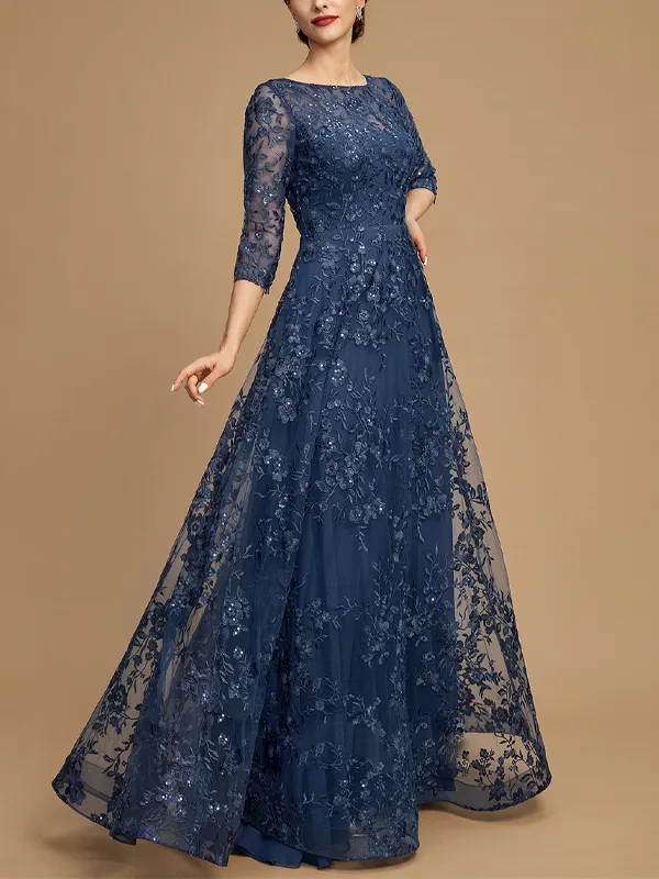 Round Neck Lace Long Sleeve Solid Color Maxi Dress