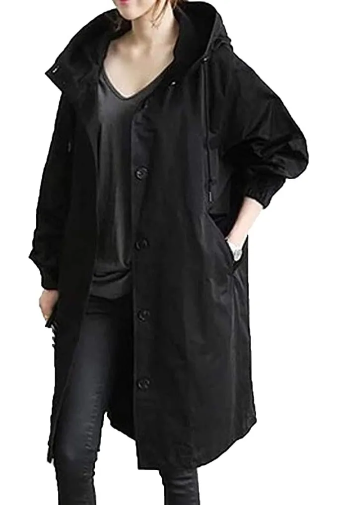 Solid Single Breasted Buttons Hooded Trench Coat