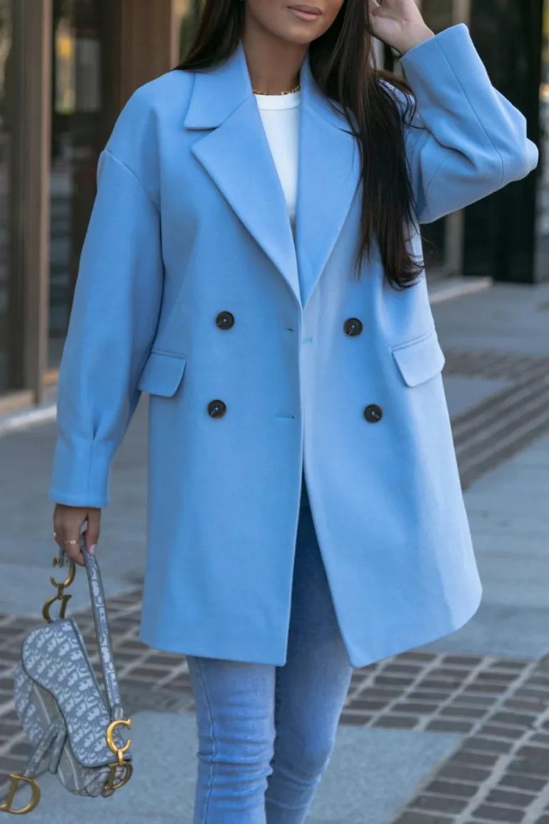 Solid Double Breasted Lapel Coat in Sky Blue