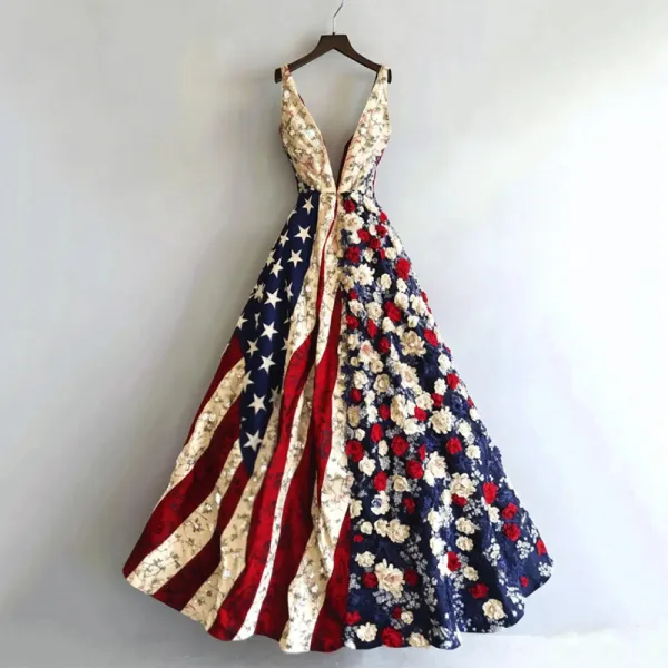 Women's Independence Day Flag And Floral Pattern Sleeveless Dress