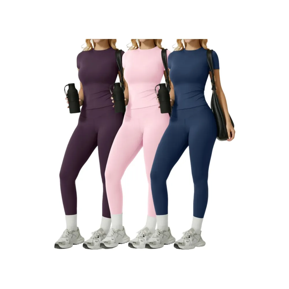Women's Solid Ribbed Long Sleeve Tee & Leggings Sport Set