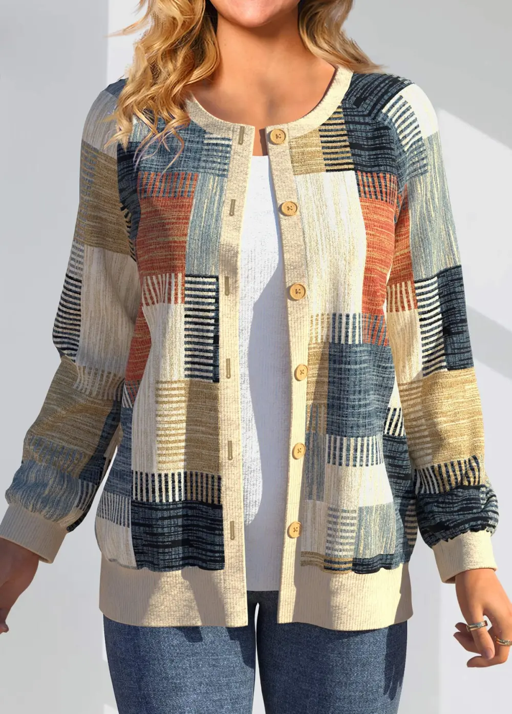 Multi Color Button Geometric Print Long Sleeve Cardigan