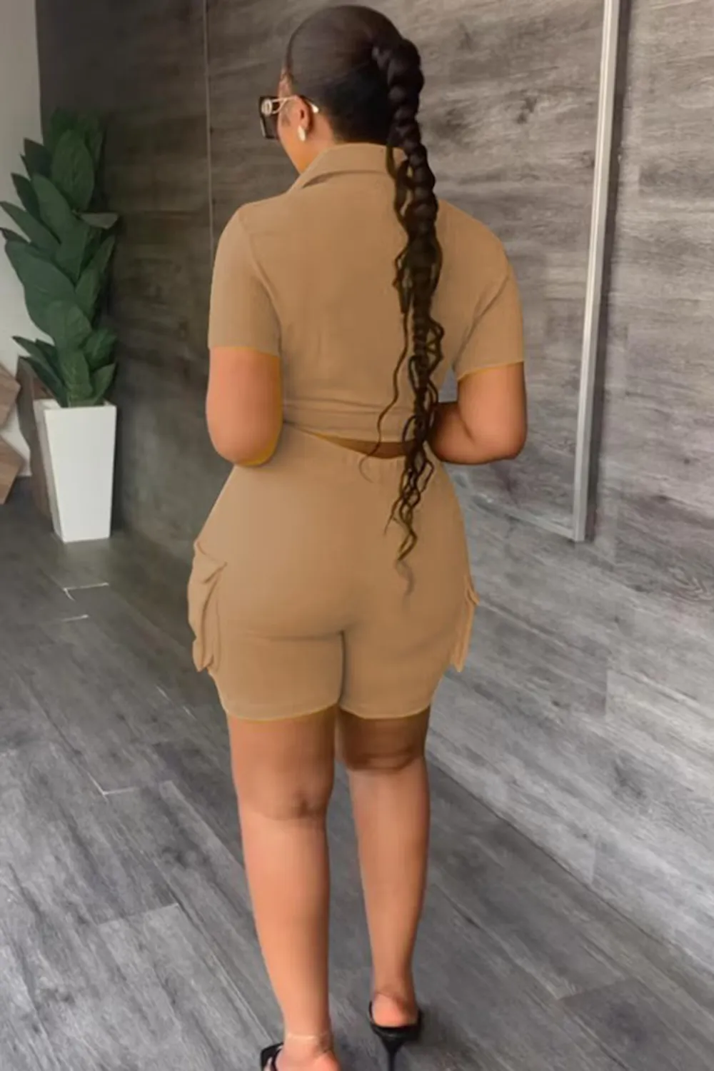 Letter Print Solid Color Blouse With Trendy Cargo Shorts Set