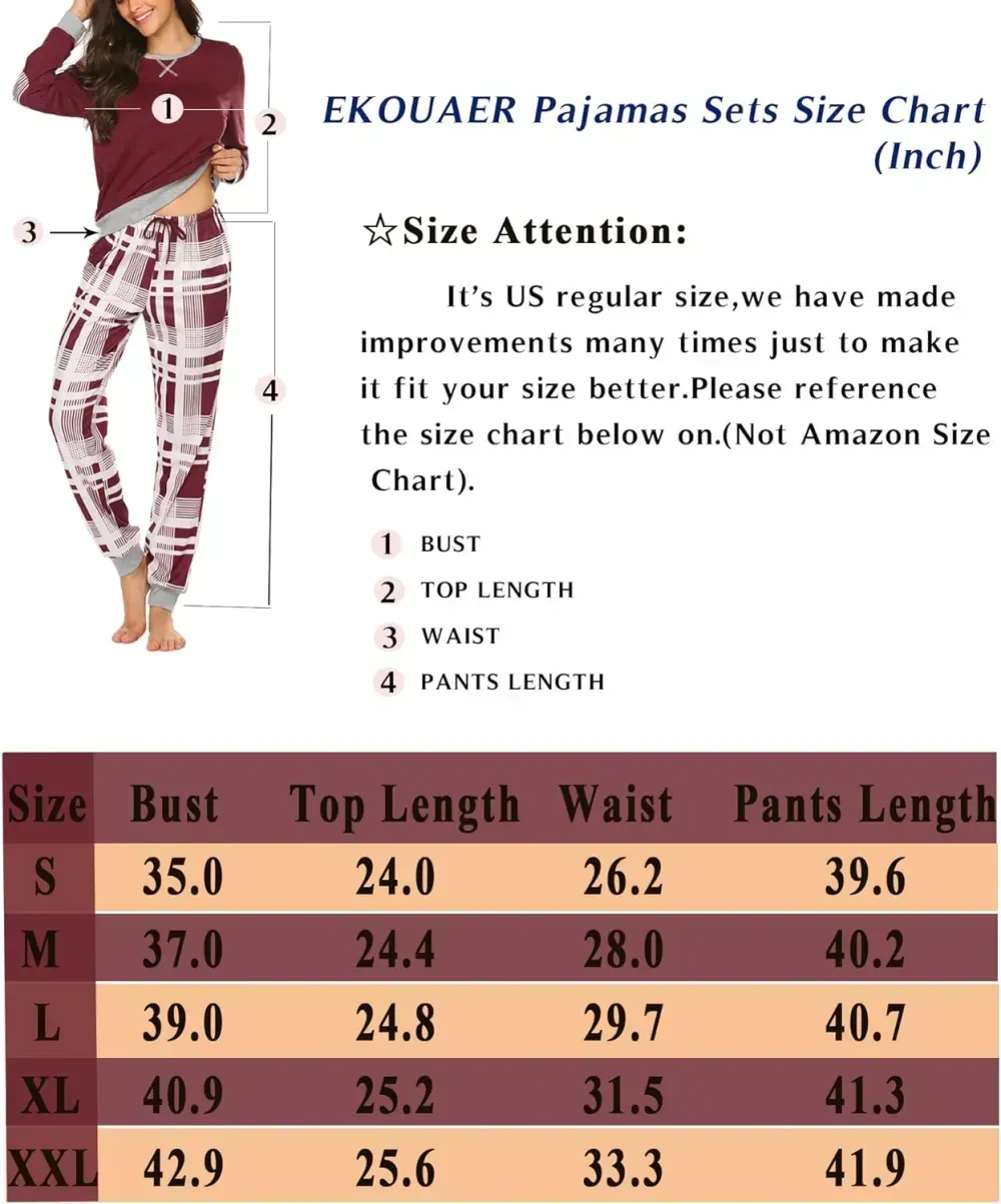 Women's Pajamas Sets Long Sleeve with Plaid Pants Soft Sleepwear O Neck 2 Piece Pjs Joggers Loung Set with Pockets