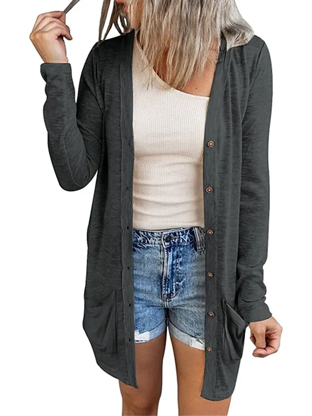Women's Cardigan Sweater Cowl Ribbed Knit Polyester Button Summer Spring Outdoor Home Halloween Casual Soft Long Sleeve Solid Color Black White Light Green S M L