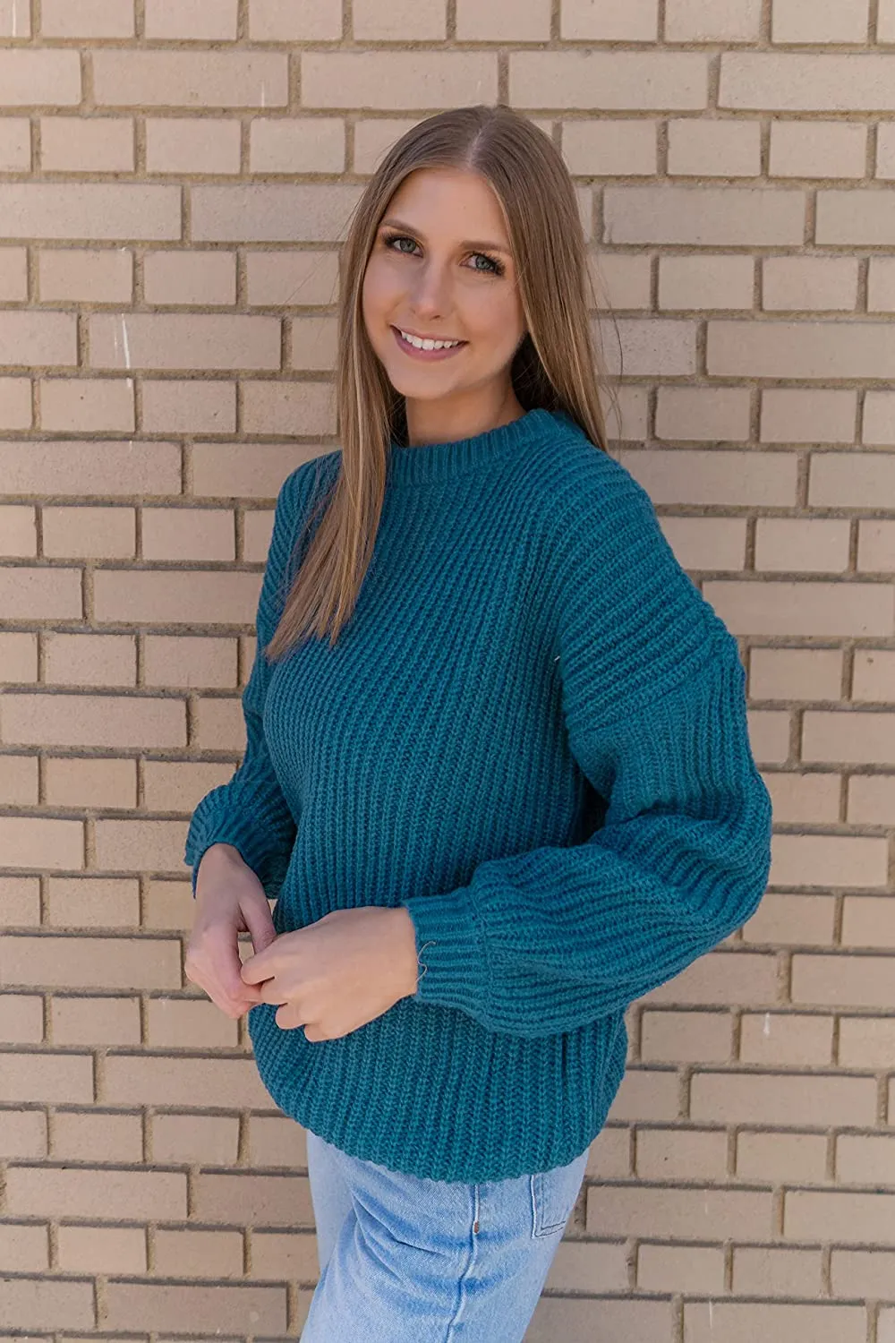 Women's Crew Neck Loose Drop Shoulder Lantern Sleeve Casual Solid Color Knit Pullover Sweater