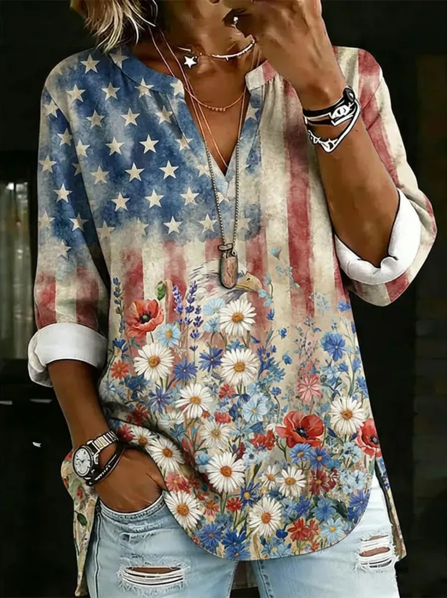 Women's Nashville American Flag Eagle Floral Printed V-neck Top