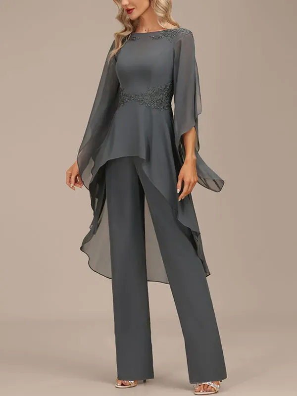 Jumpsuit/Pantsuit Separates Boat Neck Floor-Length Chiffon Evening Dress With Appliques Lace