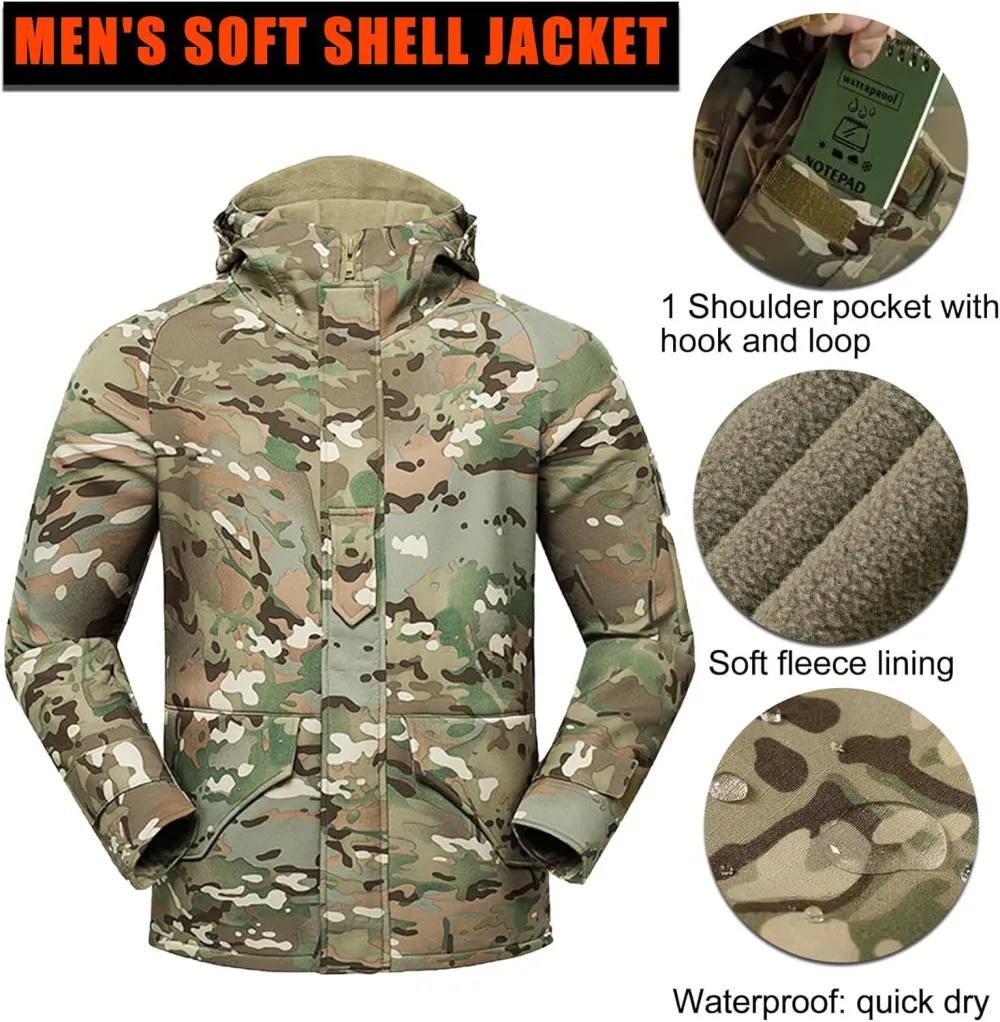 Men's Fleece Lined Soft Shell Jacket Winter Waterproof Hooded Coat Windproof Camo Tactical Jacket