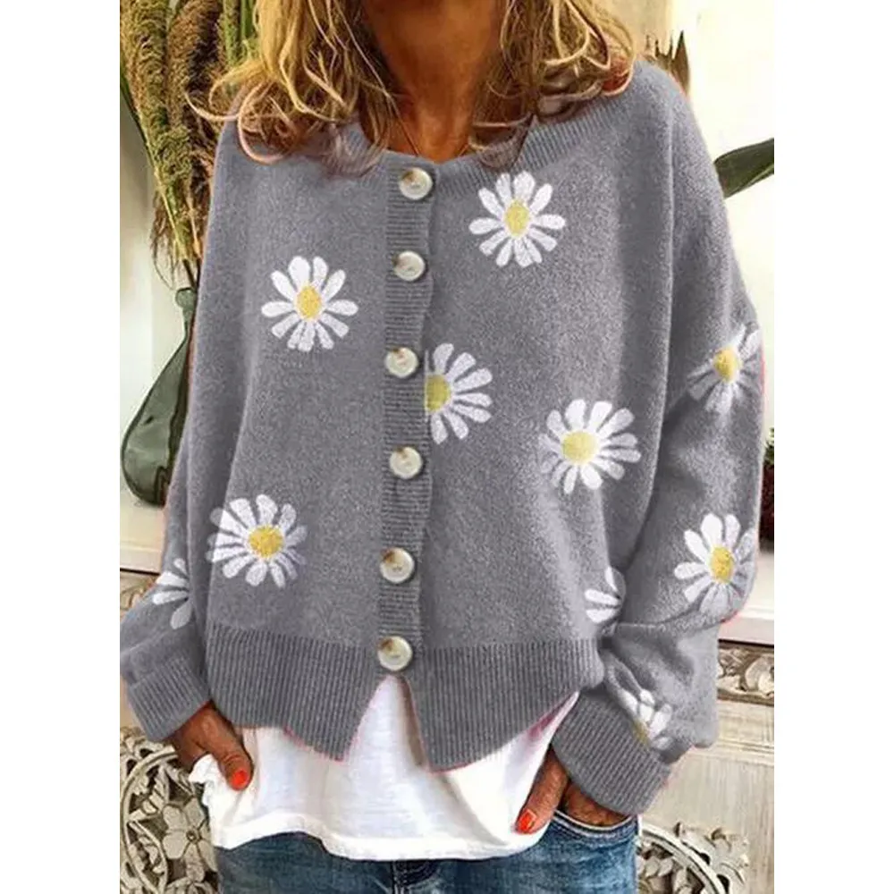 Casual Small Daisy Print Knitted Cardigan