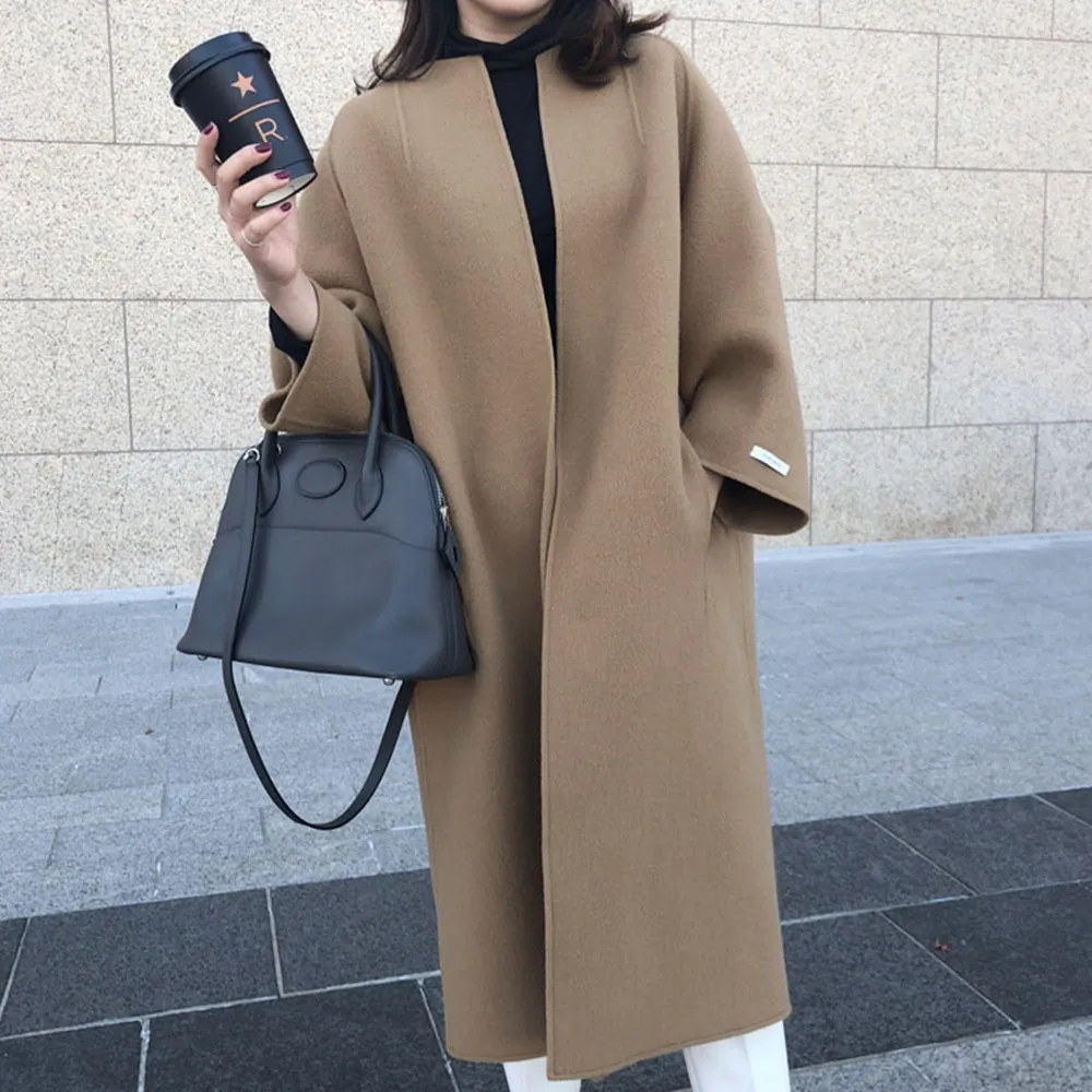 Oversized Solid Collarless Long Coat