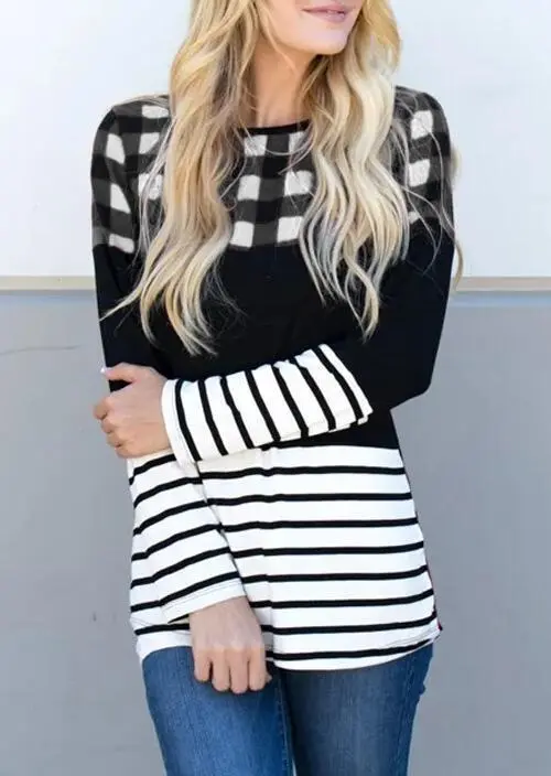 Plaid Splicing Striped O-Neck Long Sleeve Tops