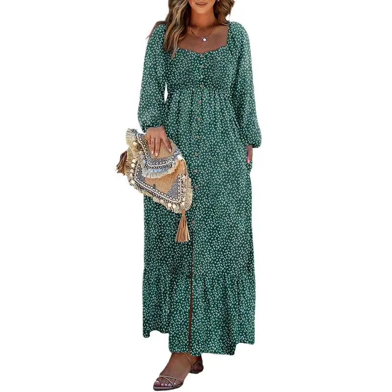 Boho Floral Smocked Square Neck Long Sleeve Maxi Dress