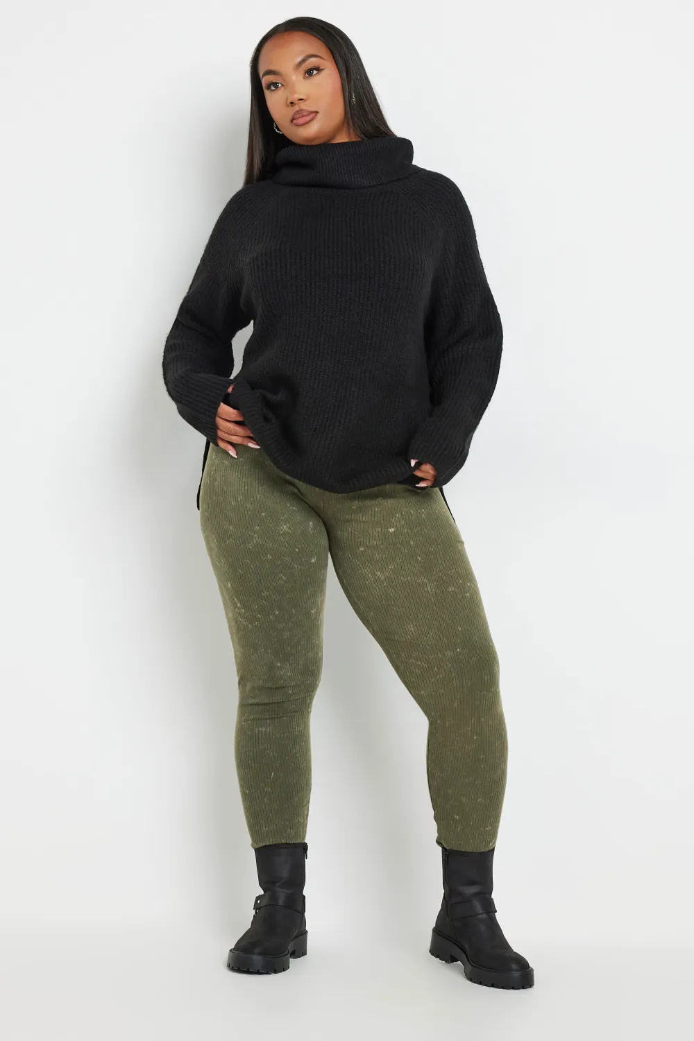 YOURS Curve Khaki Green Acid Wash Ribbed Leggings
