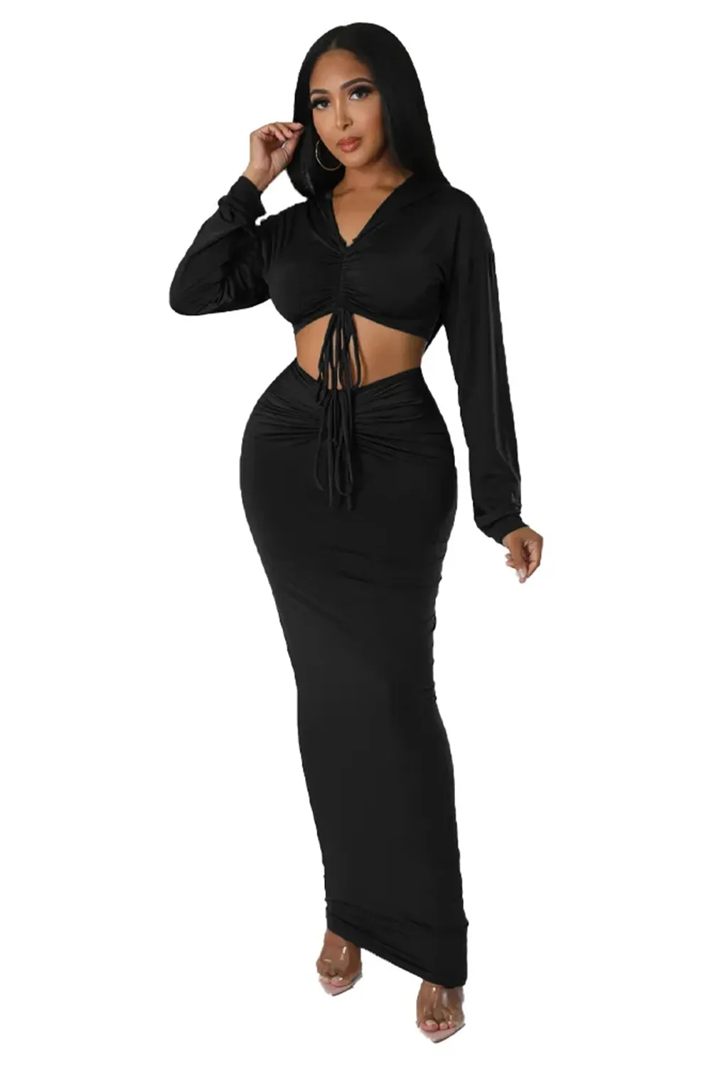 Spring/Summer Ethnic Clothing Long African Skirts Sets Women 2 Piece Set Drawstring Traditional Africa Outfits Fashion Solid Sexy Skirt Suits 2023
